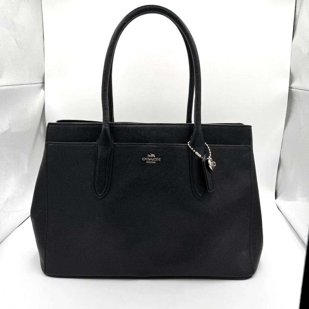 Coach Pebbled Leather Tote Bag Top Handle Black Gold Heart Charm Black Lining‎